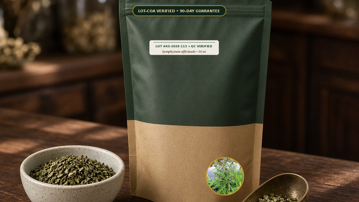 Comfrey Root Leaf Symphytum officinale Calendula Resina External Herbal Salve Guide — Organic Comfrey Leaf Cut & Sifted (External / Topical Use Only) (Symphytum officinale) • Protocol: 2-3 g (1-2 tsp) at 90-95 C water (C