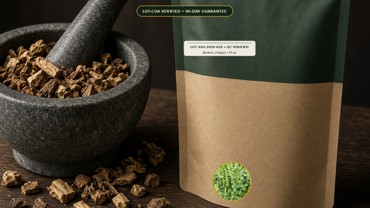 Dandelion Root Burdock Root Yellow Dock Traditional Digestive Bitters Decoction — Organic Yellow Dock Root Cut & Sifted (Rumex crispus) • Protocol: 4-6 g at 100 C simmer (Covered decoction 20-30 min, 1:60 (5 g / 300 mL))