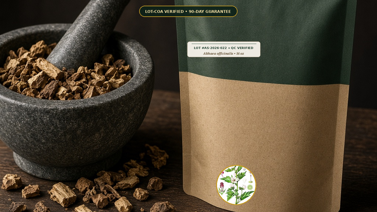 The Traditional Apothecary Gut & Bitters Protocol: Marshmallow Root, Slippery Elm, Gentian — Organic Marshmallow Root Peeled Cut & Sifted (Althaea officinalis) • Protocol: 4-6 g at Cold 20 C (Cold infusion 4-8 hrs, 1:50 