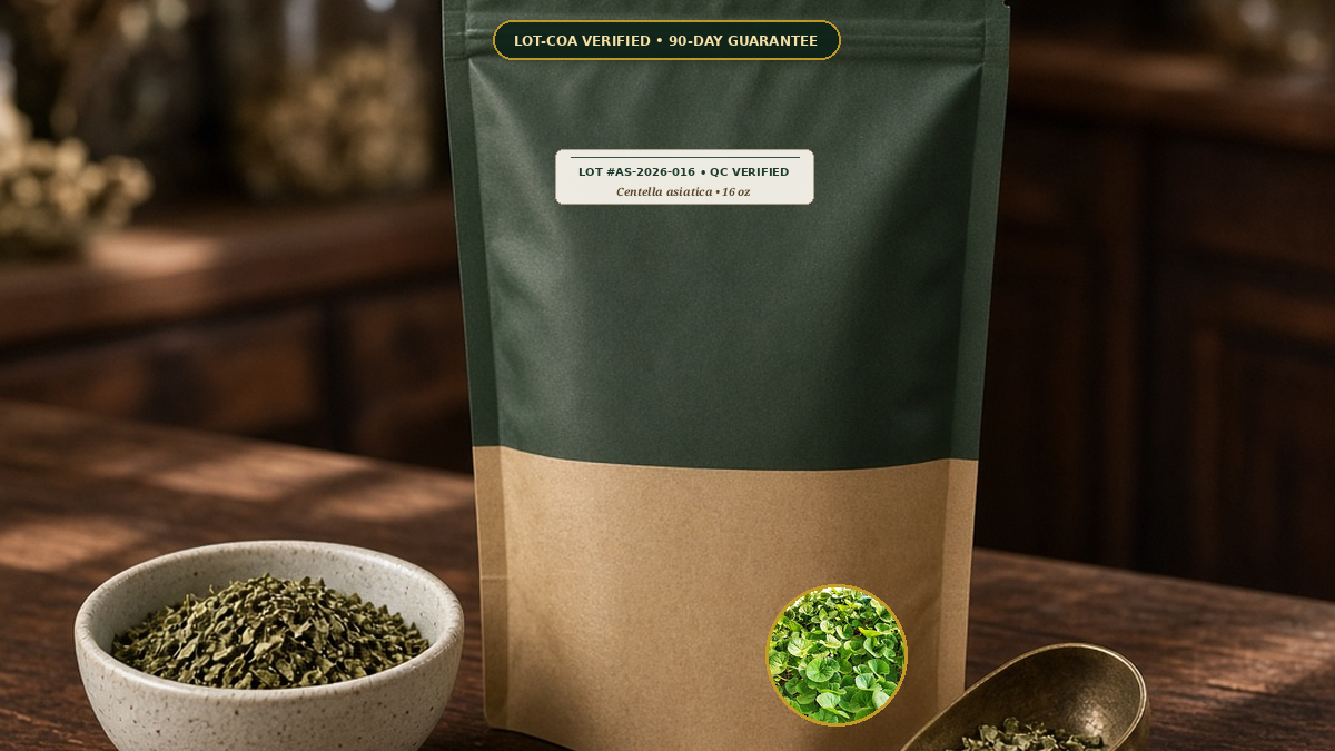 Gotu Kola Centella asiatica Bacopa monnieri Brahmi Traditional Cognitive Clarity Guide — Organic Gotu Kola Herb Cut & Sifted (Centella asiatica) • Protocol: 2-3 g (1-2 tsp) at 90-95 C water (Covered steep 10-15 min, 1:80
