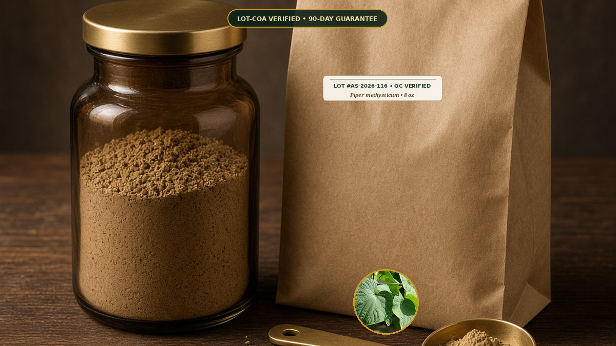 Noble Kava Kava Root Traditional Lateral Root Powder Monograph — Noble Kava Kava Root Traditional Lateral Root Powder (Piper methysticum) • Protocol: 4-6 g at 100 C simmer (Covered decoction 20-30 min, 1:60 (5 g / 300 mL