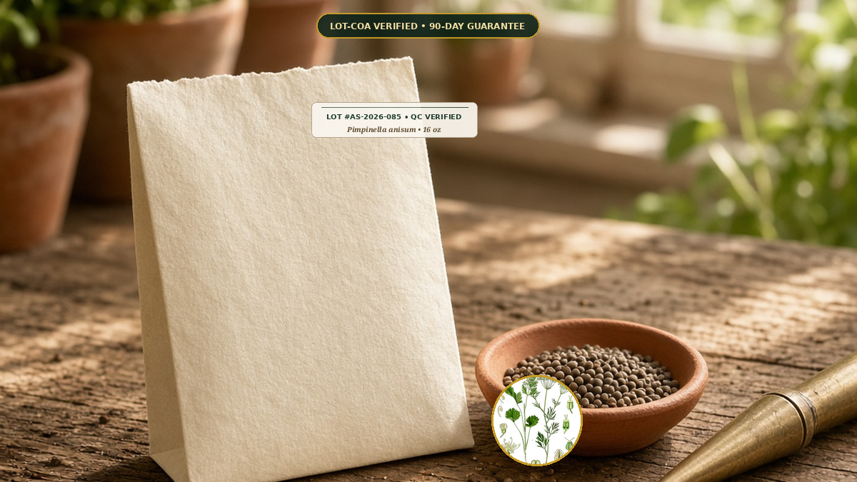 Organic Anise Whole Sweet Apothecary Seed Monograph — Organic Anise Whole Sweet Apothecary Seed (Pimpinella anisum) • Protocol: 2-3 seeds / cell at Soil 18-24 C (Germinate 7-28 days, 1/4-inch sow depth) • Lot AS-2026-085