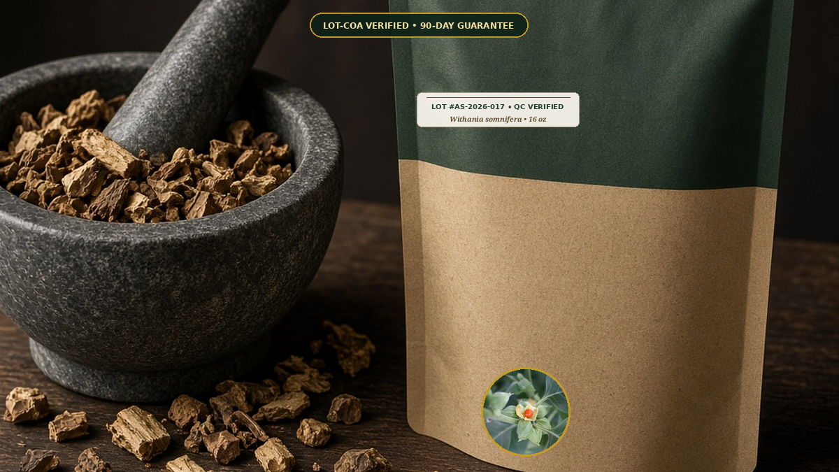 Organic Ashwagandha Root Cut Sifted Monograph — Organic Ashwagandha Root Cut & Sifted (Withania somnifera) • Protocol: 4-6 g at 100 C simmer (Covered decoction 20-30 min, 1:60 (5 g / 300 mL)) • Lot AS-2026-017 COA Verifi