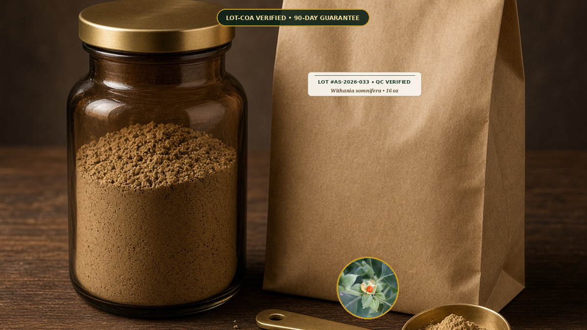 Organic Ashwagandha Root Fine Powder Monograph — Organic Ashwagandha Root Fine Powder (Withania somnifera) • Protocol: 4-6 g at 100 C simmer (Covered decoction 20-30 min, 1:60 (5 g / 300 mL)) • Lot AS-2026-033 COA Verifi
