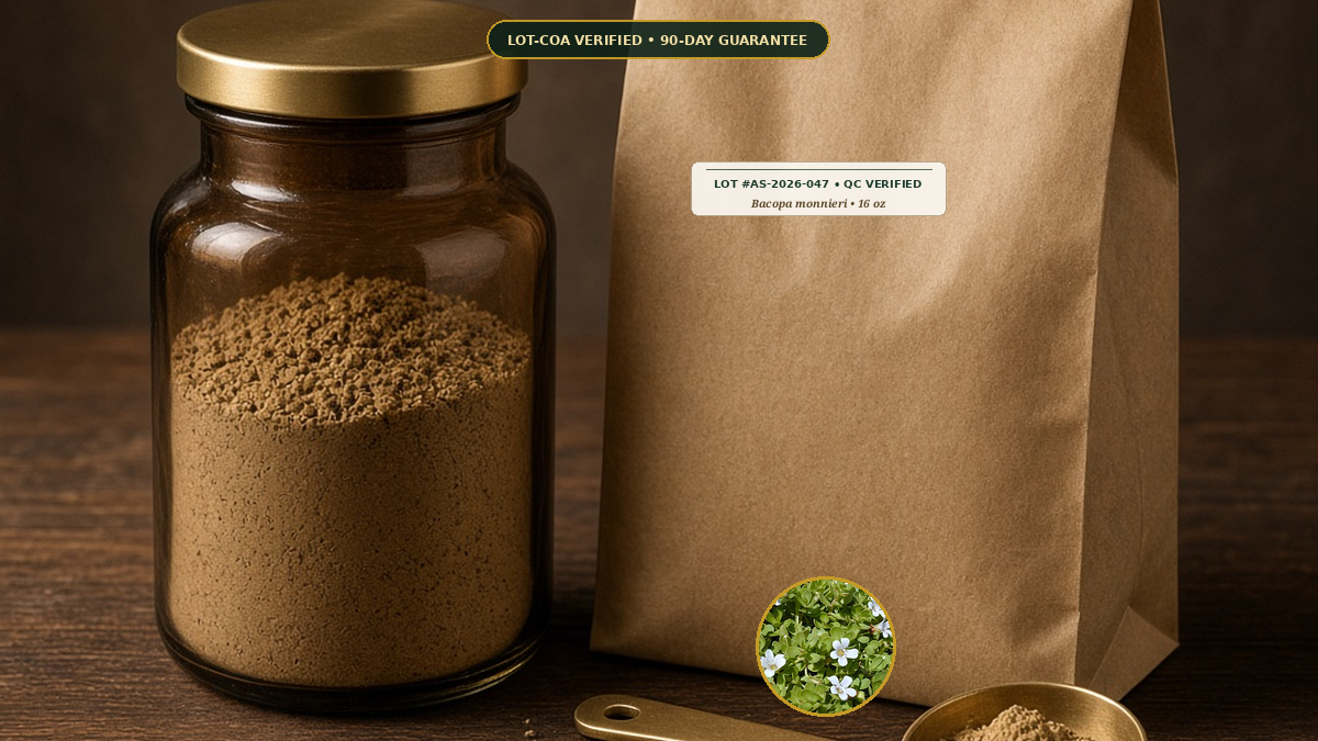 Organic Bacopa Brahmi Whole Herb Powder Monograph — Organic Bacopa (Brahmi) Whole Herb Powder (Bacopa monnieri) • Protocol: 1-3 g (1/2-1 tsp) at 60-80 C warm water (Whisk & rest 3-5 min, 1:80 (3 g / 240 mL)) • Lot AS-202