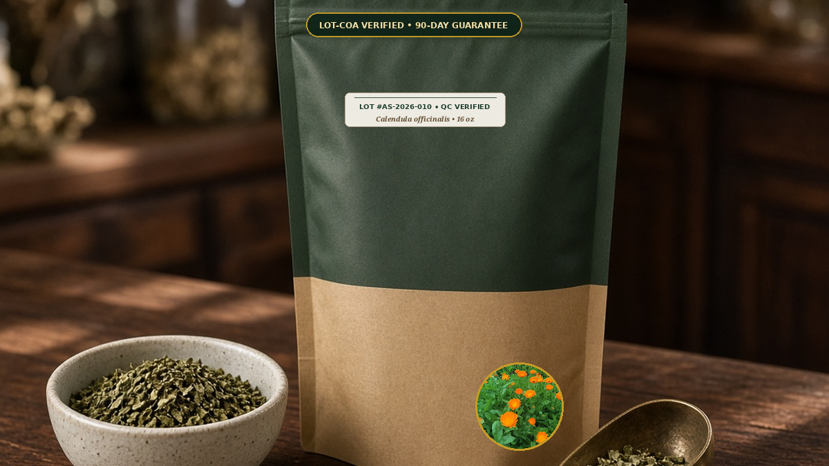 Organic Calendula Whole Dried Flowers Monograph — Organic Calendula Whole Dried Flowers (Calendula officinalis) • Protocol: 2-3 g (1-2 tsp) at 90-95 C water (Covered steep 10-15 min, 1:80 (3 g / 240 mL)) • Lot AS-2026-01