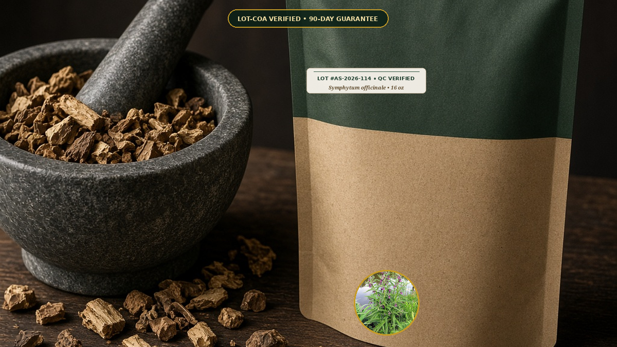 Organic Comfrey Root Cut Sifted External Topical Use Only Monograph — Organic Comfrey Root Cut & Sifted (External / Topical Use Only) (Symphytum officinale) • Protocol: 4-6 g at 100 C simmer (Covered decoction 20-30 min,