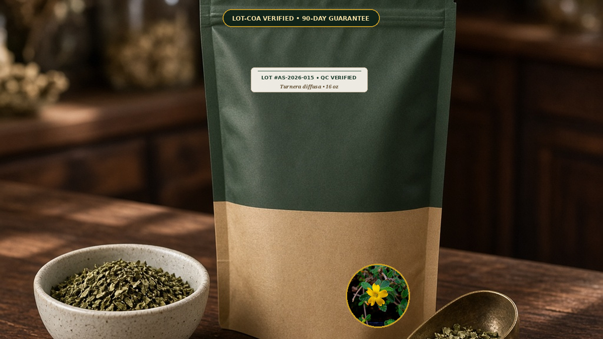 Organic Damiana Leaf Cut Sifted Monograph — Organic Damiana Leaf Cut & Sifted (Turnera diffusa) • Protocol: 2-3 g (1-2 tsp) at 90-95 C water (Covered steep 10-15 min, 1:80 (3 g / 240 mL)) • Lot AS-2026-015 COA Verified (