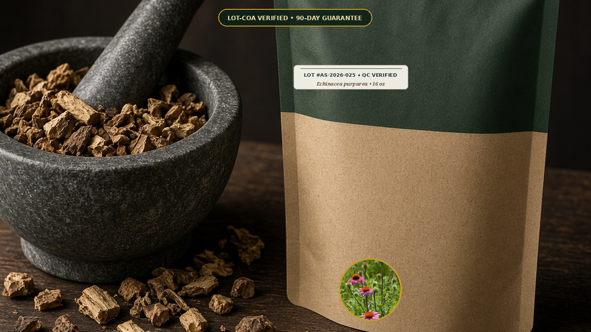 Organic Echinacea purpurea Root Cut Sifted Monograph — Organic Echinacea Purpurea Root Cut & Sifted (Echinacea purpurea) • Protocol: 4-6 g at 100 C simmer (Covered decoction 20-30 min, 1:60 (5 g / 300 mL)) • Lot AS-2026-