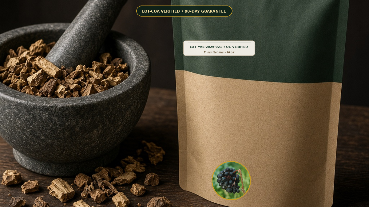 Organic Eleuthero Siberian Ginseng Root Monograph — Organic Eleuthero (Siberian Ginseng) Root (Eleutherococcus senticosus) • Protocol: 4-6 g at 100 C simmer (Covered decoction 20-30 min, 1:60 (5 g / 300 mL)) • Lot AS-202