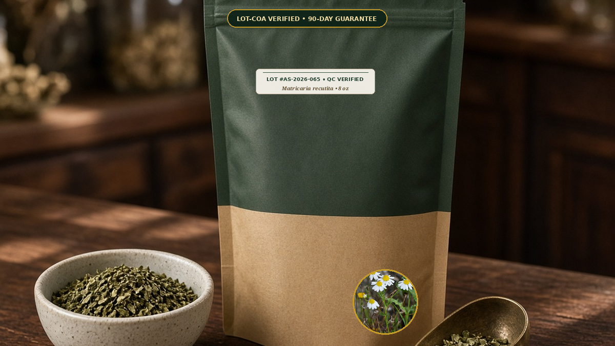 Organic German Chamomile Whole Flower Tea Monograph — Organic German Chamomile Whole Flower Tea (Matricaria recutita) • Protocol: 2-3 g (1-2 tsp) at 90-95 C water (Covered steep 10-15 min, 1:80 (3 g / 240 mL)) • Lot AS-2