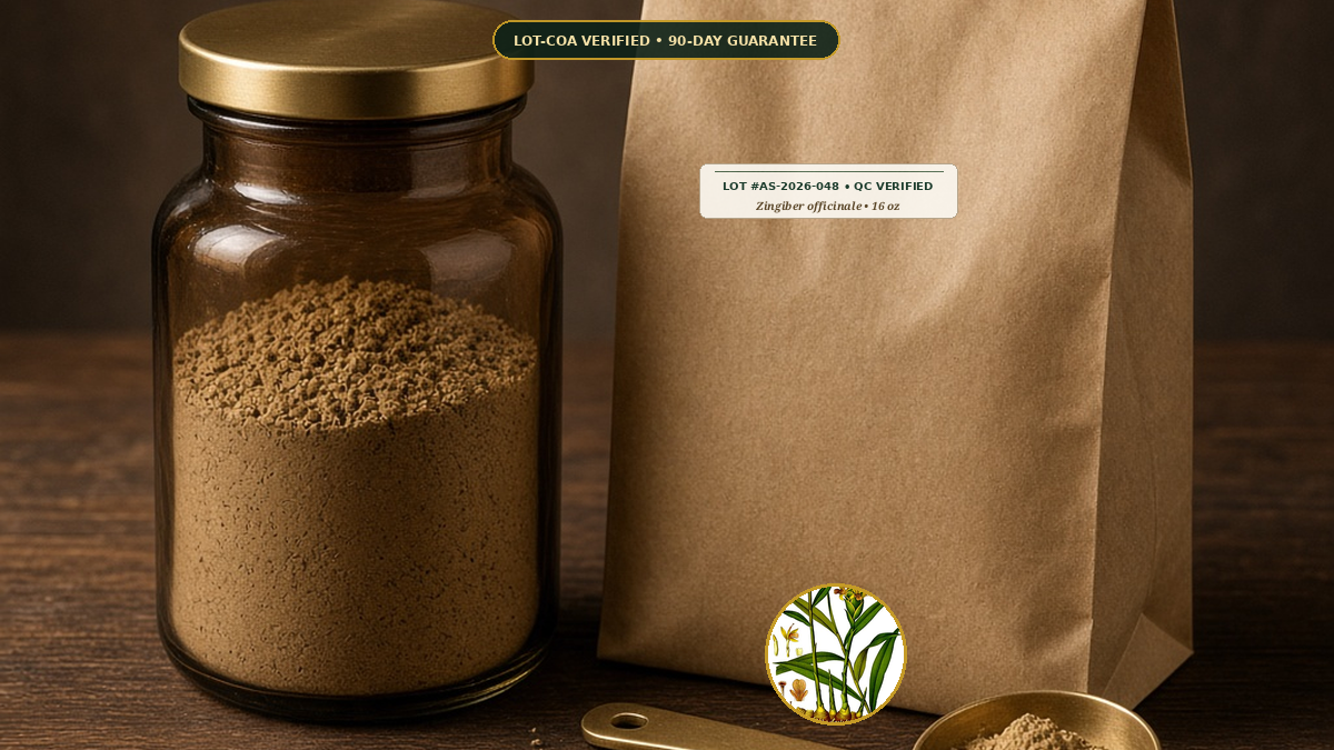 Organic Ginger Rhizome Fine Apothecary Powder Monograph — Organic Ginger Rhizome Fine Apothecary Powder (Zingiber officinale) • Protocol: 1-3 g (1/2-1 tsp) at 60-80 C warm water (Whisk & rest 3-5 min, 1:80 (3 g / 240 mL)