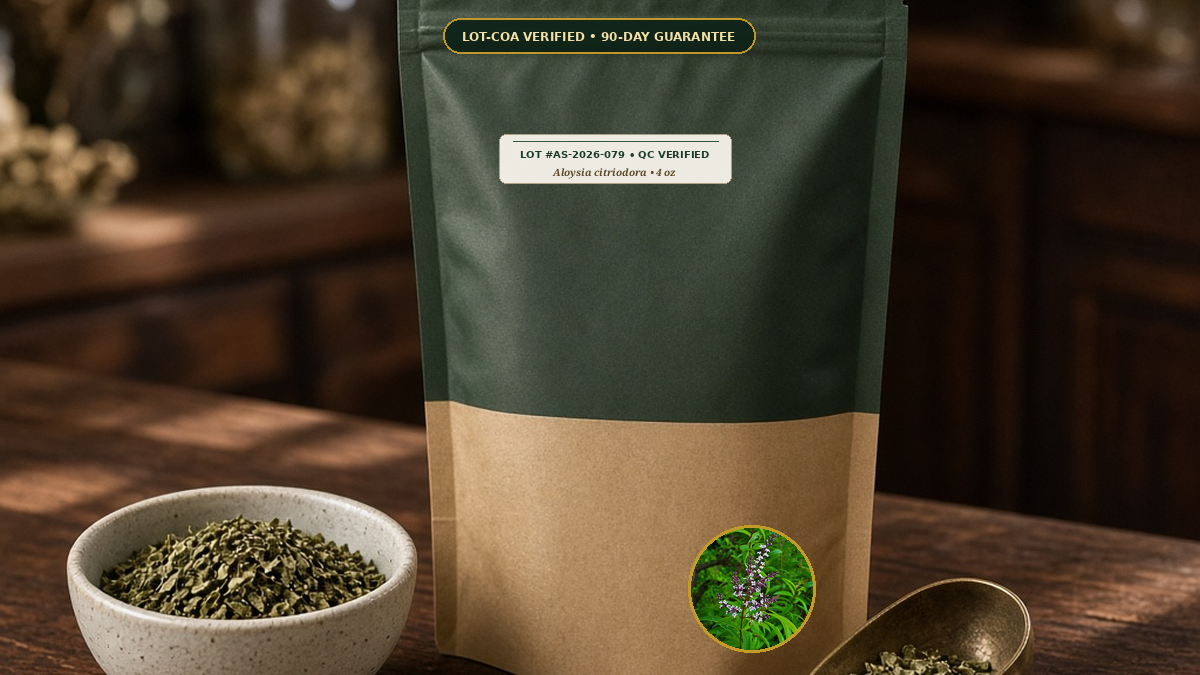 Organic Lemon Verbena Whole Leaf Tisane Monograph — Organic Lemon Verbena Whole Leaf Tisane (Aloysia citriodora) • Protocol: 2-3 g (1-2 tsp) at 90-95 C water (Covered steep 10-15 min, 1:80 (3 g / 240 mL)) • Lot AS-2026-0