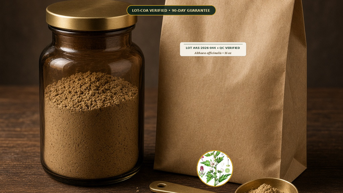Organic Marshmallow Root Fine Powder Monograph — Organic Marshmallow Root Fine Powder (Althaea officinalis) • Protocol: 4-6 g at Cold 20 C (Cold infusion 4-8 hrs, 1:50 (5 g / 250 mL)) • Lot AS-2026-044 COA Verified (St. 