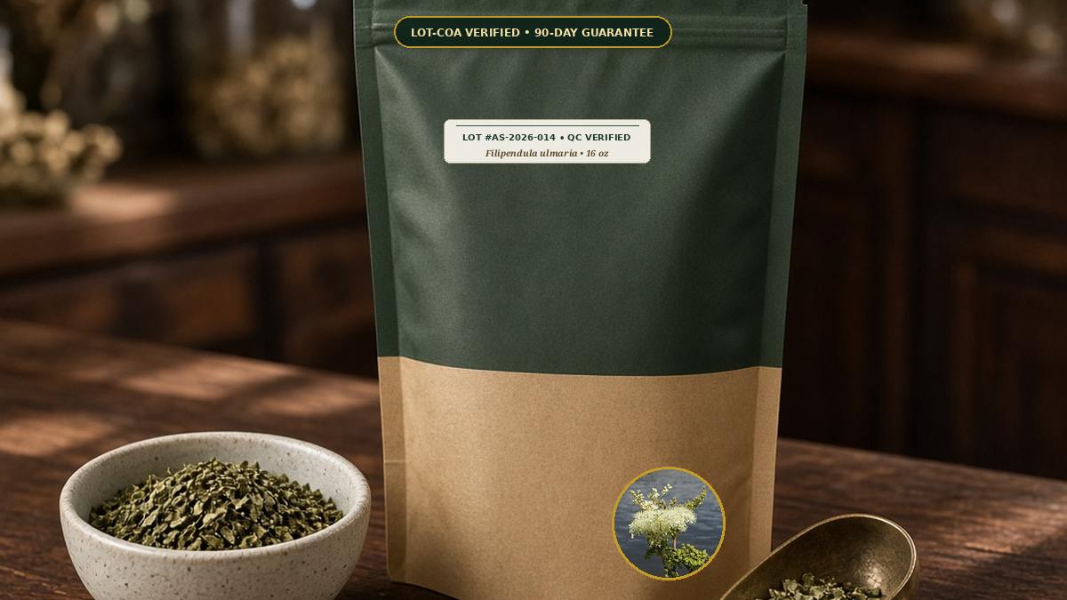 Organic Meadowsweet Herb Cut Sifted Monograph — Organic Meadowsweet Herb Cut & Sifted (Filipendula ulmaria) • Protocol: 2-3 g (1-2 tsp) at 90-95 C water (Covered steep 10-15 min, 1:80 (3 g / 240 mL)) • Lot AS-2026-014 CO