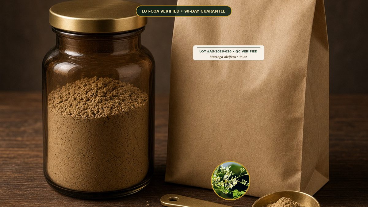 Organic Moringa Leaf Fine Green Powder Monograph — Organic Moringa Leaf Fine Green Powder (Moringa oleifera) • Protocol: 1-3 g (1/2-1 tsp) at 60-80 C warm water (Whisk & rest 3-5 min, 1:80 (3 g / 240 mL)) • Lot AS-2026-0