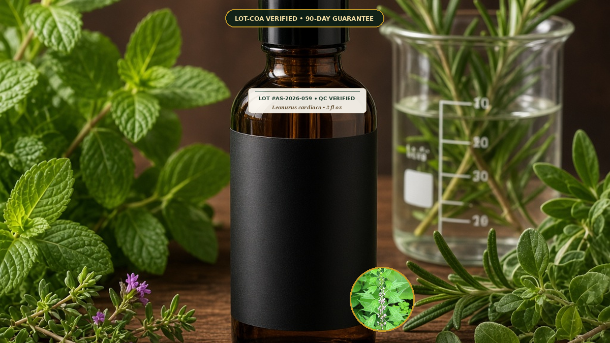 Organic Motherwort Fresh Flowering Tops Tincture Monograph — Organic Motherwort Fresh Flowering Tops Tincture (Leonurus cardiaca) • Protocol: 1 mL (30 drops) at Room-temp water (Dispense in 2-4 oz water, 1:2) • Lot AS-20