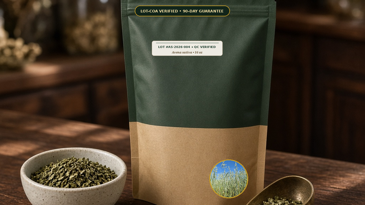 Organic Oatstraw Milky Oat Tops Straw Monograph — Organic Oatstraw (Milky Oat Tops & Straw) (Avena sativa) • Protocol: 2-3 g (1-2 tsp) at 90-95 C water (Covered steep 10-15 min, 1:80 (3 g / 240 mL)) • Lot AS-2026-004 COA