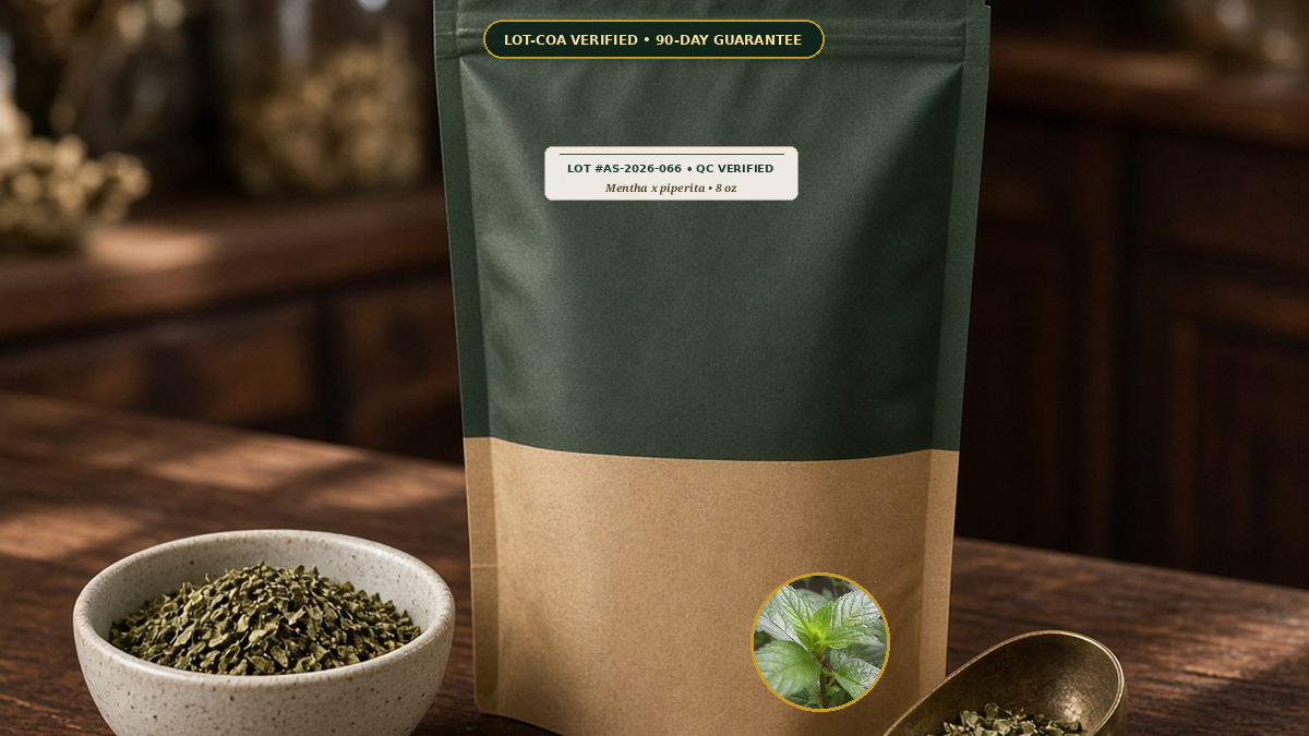 Organic Peppermint Pacific Nw Loose Leaf Tea Monograph — Organic Peppermint Pacific NW Loose Leaf Tea (Mentha x piperita) • Protocol: 2-3 g (1-2 tsp) at 90-95 C water (Covered steep 10-15 min, 1:80 (3 g / 240 mL)) • Lot 