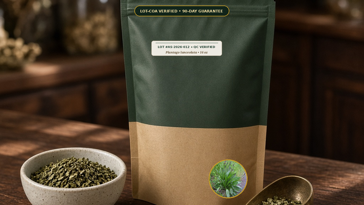 Organic Plantain Leaf Cut Sifted Monograph — Organic Plantain Leaf Cut & Sifted (Plantago lanceolata) • Protocol: 2-3 g (1-2 tsp) at 90-95 C water (Covered steep 10-15 min, 1:80 (3 g / 240 mL)) • Lot AS-2026-012 COA Veri