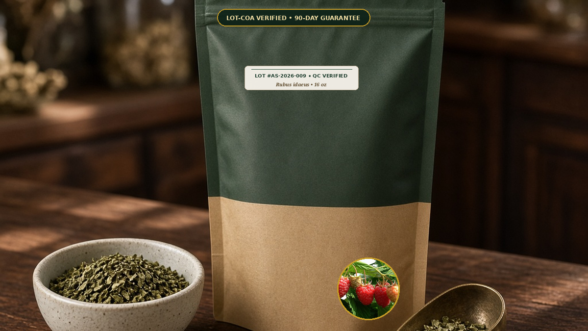 Organic Red Raspberry Leaf Cut Sifted Monograph — Organic Red Raspberry Leaf Cut & Sifted (Rubus idaeus) • Protocol: 2-3 g (1-2 tsp) at 90-95 C water (Covered steep 10-15 min, 1:80 (3 g / 240 mL)) • Lot AS-2026-009 COA V