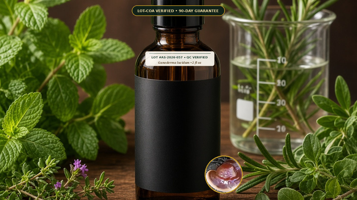 Organic Reishi Mushroom Dual Extract Tincture Monograph — Organic Reishi Mushroom Dual-Extract Tincture (Ganoderma lucidum) • Protocol: 1 mL (30 drops) at Room-temp water (Dispense in 2-4 oz water, 1:2-1:5 Ratio) • Lot A