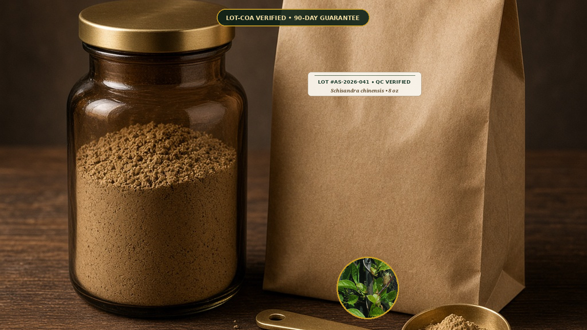 Organic Schisandra Berry Fine Powder Monograph — Organic Schisandra Berry Fine Powder (Schisandra chinensis) • Protocol: 1-3 g (1/2-1 tsp) at 60-80 C warm water (Whisk & rest 3-5 min, 1:80 (3 g / 240 mL)) • Lot AS-2026-0
