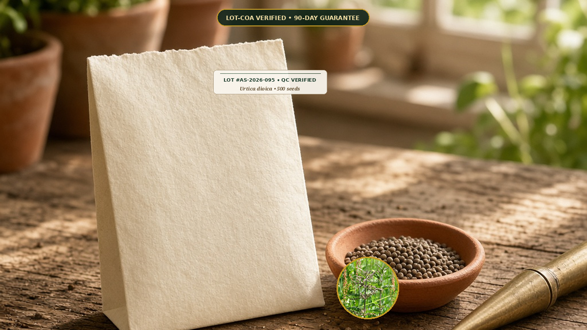 Organic Stinging Nettle Perennial Seed Packet Monograph — Organic Stinging Nettle Perennial Seed Packet (Urtica dioica) • Protocol: 2-3 seeds / cell at Soil 18-24 C (Germinate 7-28 days, 1/4-inch sow depth) • Lot AS-2026