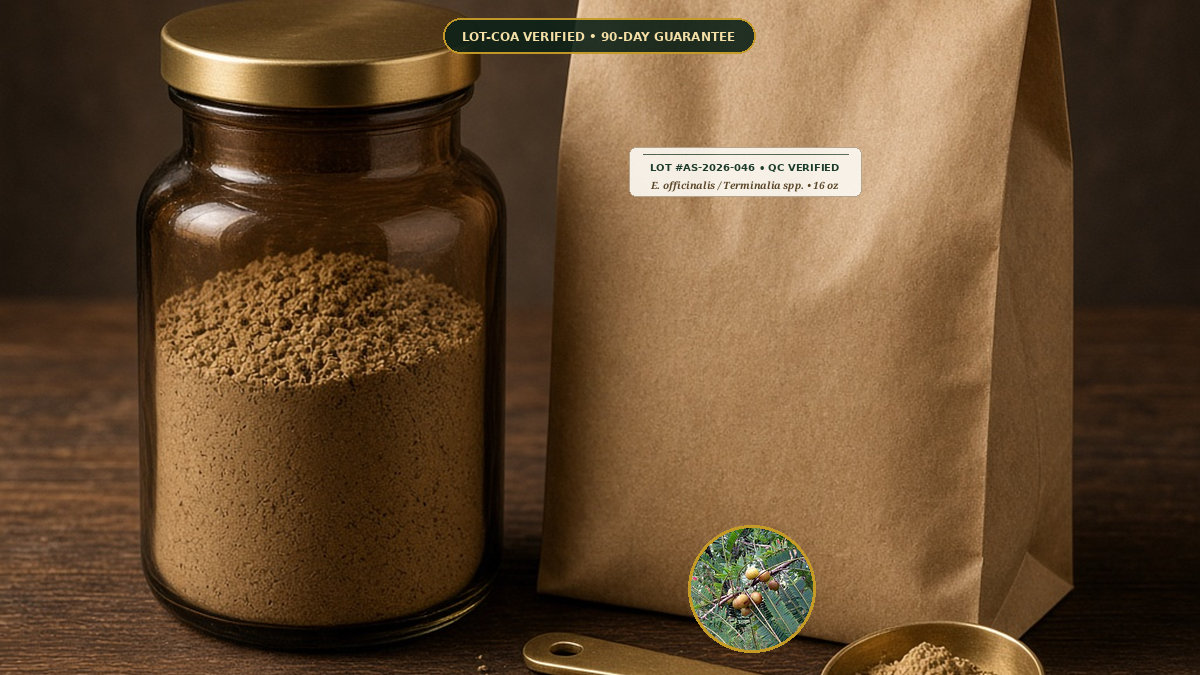 Organic Triphala Traditional 3 Fruit Powder Monograph — Organic Triphala Traditional 3-Fruit Powder (Emblica officinalis / Terminalia spp.) • Protocol: 1-3 g (1/2-1 tsp) at 60-80 C warm water (Whisk & rest 3-5 min, 1:80 