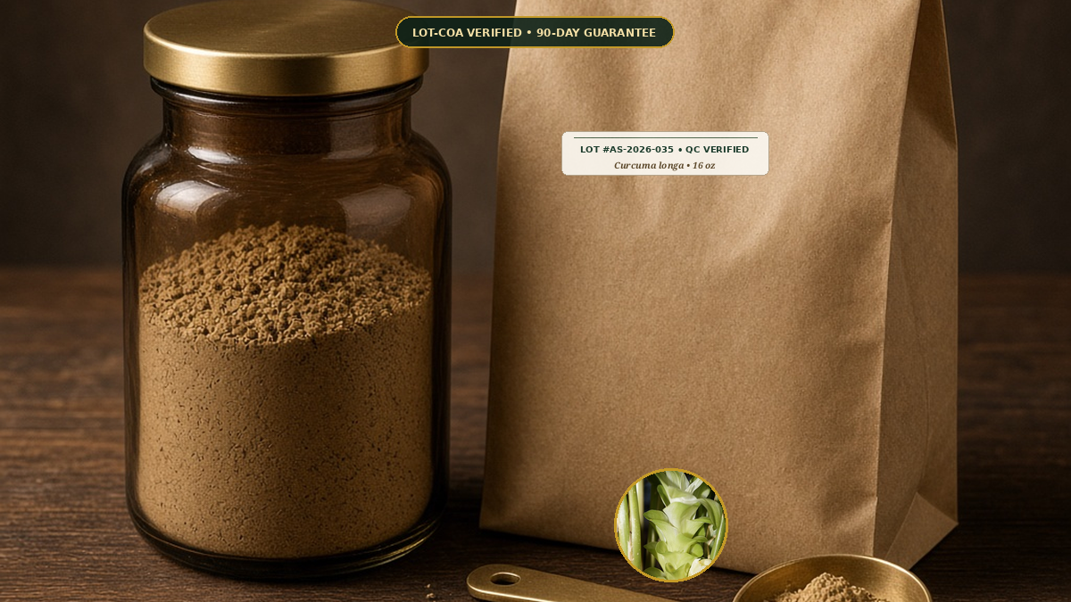 Organic Turmeric Root High Curcumin Powder Monograph — Organic Turmeric Root High-Curcumin Powder (Curcuma longa) • Protocol: 1-3 g (1/2-1 tsp) at 60-80 C warm water (Whisk & rest 3-5 min, 1:80 (3 g / 240 mL)) • Lot AS-2