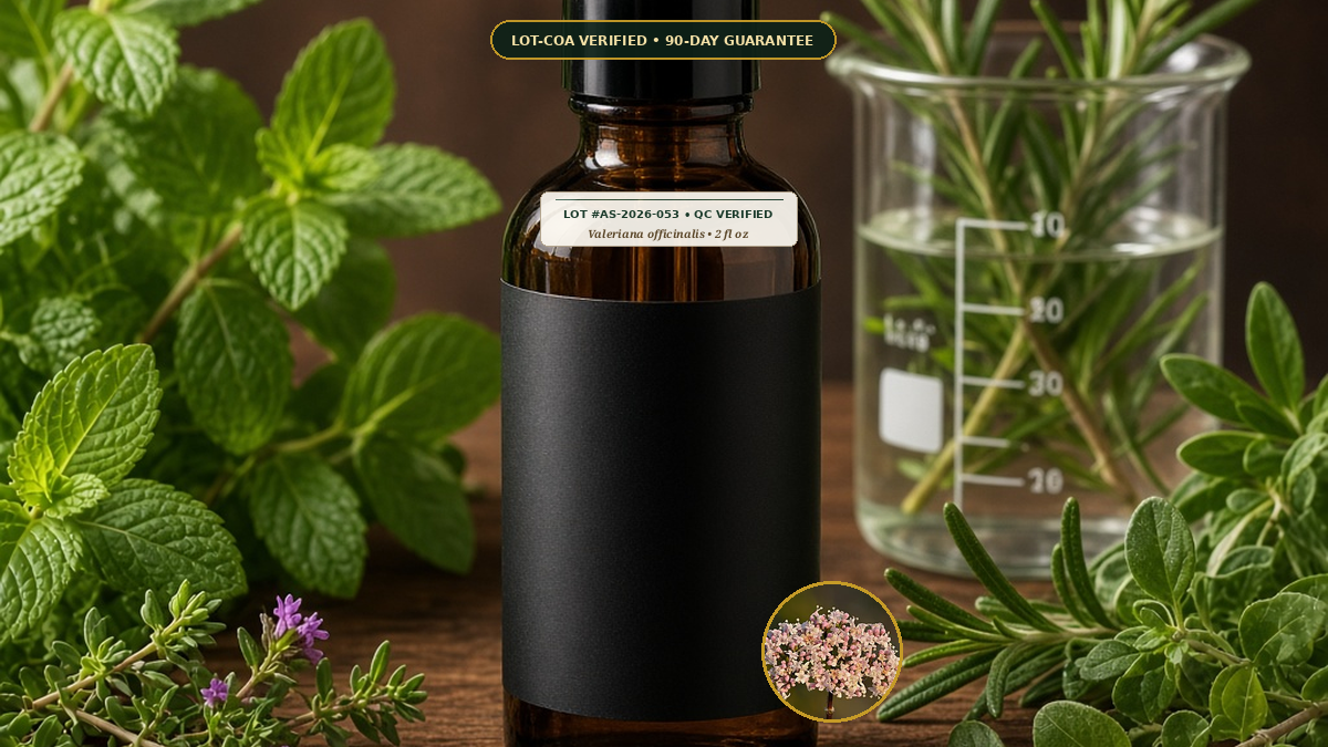 Organic Valerian Fresh Root Liquid Extract Monograph — Organic Valerian Fresh Root Liquid Extract (Valeriana officinalis) • Protocol: 1 mL (30 drops) at Room-temp water (Dispense in 2-4 oz water, 1:2) • Lot AS-2026-053 C