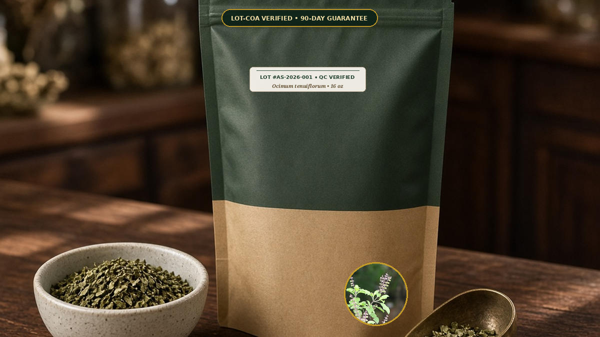Tulsi Holy Basil Ocimum tenuiflorum Lemon Balm Frazzled Nerves Daily Infusion — Organic Tulsi (Holy Basil) Cut & Sifted (Ocimum tenuiflorum) • Protocol: 2-3 g (1-2 tsp) at 90-95 C water (Covered steep 10-15 min, 1:80 (3 