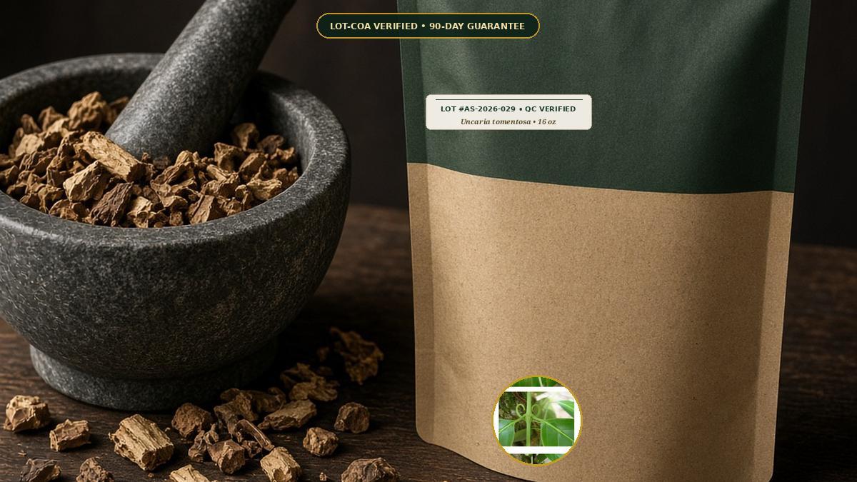 Wildcrafted Cat S Claw Inner Bark Cut Sifted Monograph — Wildcrafted Cat's Claw Inner Bark Cut & Sifted (Uncaria tomentosa) • Protocol: 4-6 g at 100 C simmer (Covered decoction 20-30 min, 1:60 (5 g / 300 mL)) • Lot AS-20