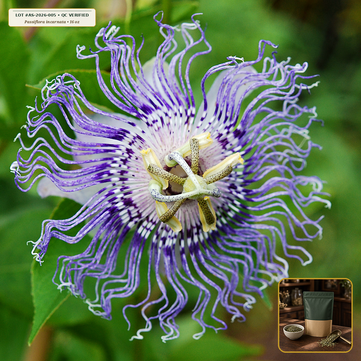 Organic Passionflower Herb Cut & Sifted (Passiflora incarnata) — Cut & Sifted Aerial Parts (16 oz (1 lb)) • Third-Party COA Verified Lot AS-2026-005 • Protocol: 2-3 g (1-2 tsp) at 90-95 C water (Covered steep 10-15 min, 1:80 (3 g / 240 mL)) • Apothecary Supply Dispensary (Est. St. Petersburg, FL)