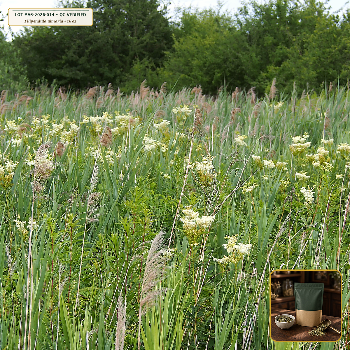 Organic Meadowsweet Herb Cut & Sifted (Filipendula ulmaria) — Cut & Sifted Flowering Tops (16 oz (1 lb)) • Third-Party COA Verified Lot AS-2026-014 • Protocol: 2-3 g (1-2 tsp) at 90-95 C water (Covered steep 10-15 min, 1:80 (3 g / 240 mL)) • Apothecary Supply Dispensary (Est. St. Petersburg, FL)