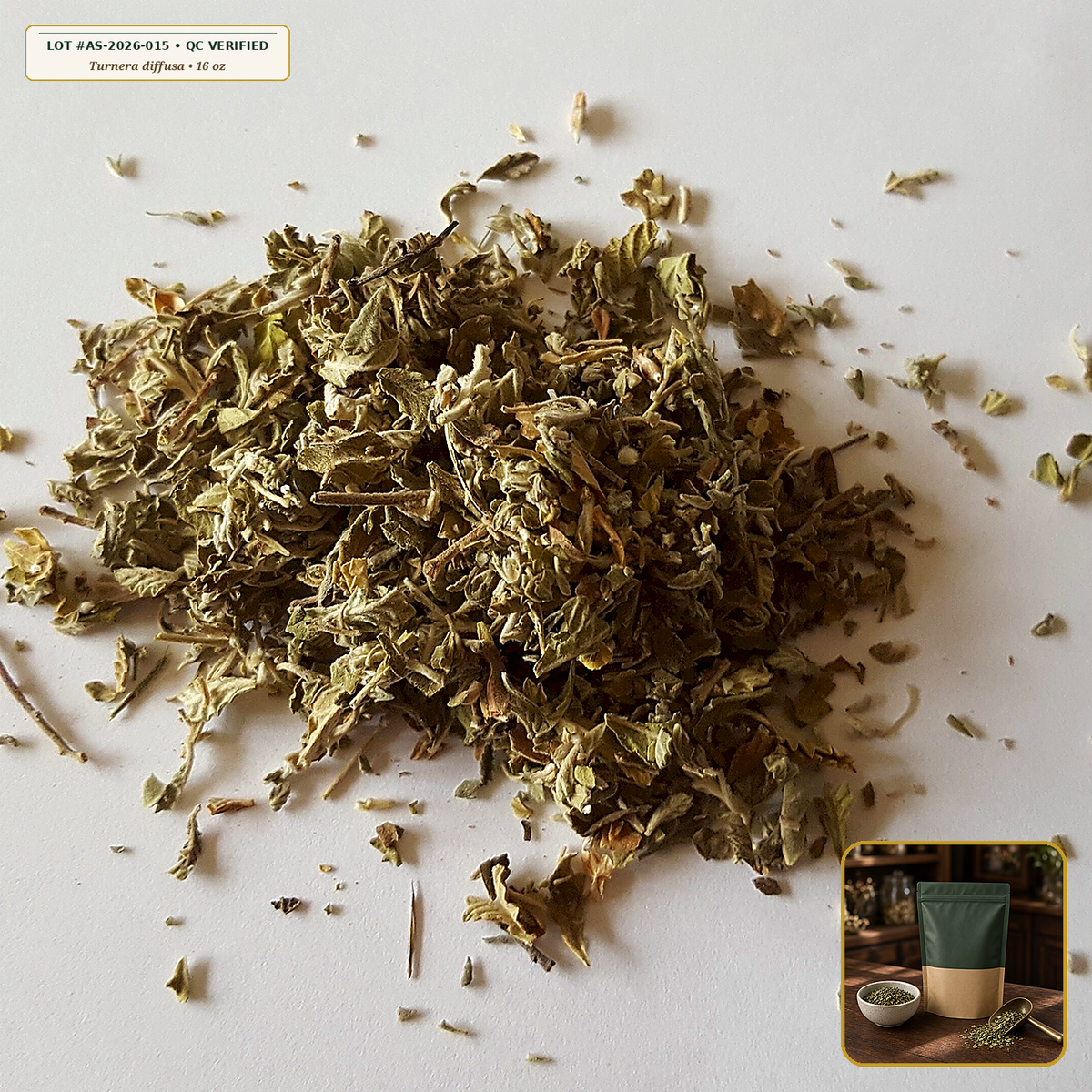 Organic Damiana Leaf Cut & Sifted (Turnera diffusa) — Cut & Sifted Leaf (16 oz (1 lb)) • Third-Party COA Verified Lot AS-2026-015 • Protocol: 2-3 g (1-2 tsp) at 90-95 C water (Covered steep 10-15 min, 1:80 (3 g / 240 mL)) • Apothecary Supply Dispensary (Est. St. Petersburg, FL)