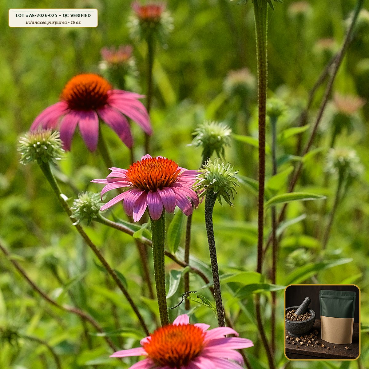 Organic Echinacea Purpurea Root Cut & Sifted (Echinacea purpurea) — Cut & Sifted Root (16 oz (1 lb)) • Third-Party COA Verified Lot AS-2026-025 • Protocol: 4-6 g at 100 C simmer (Covered decoction 20-30 min, 1:60 (5 g / 300 mL)) • Apothecary Supply Dispensary (Est. St. Petersburg, FL)