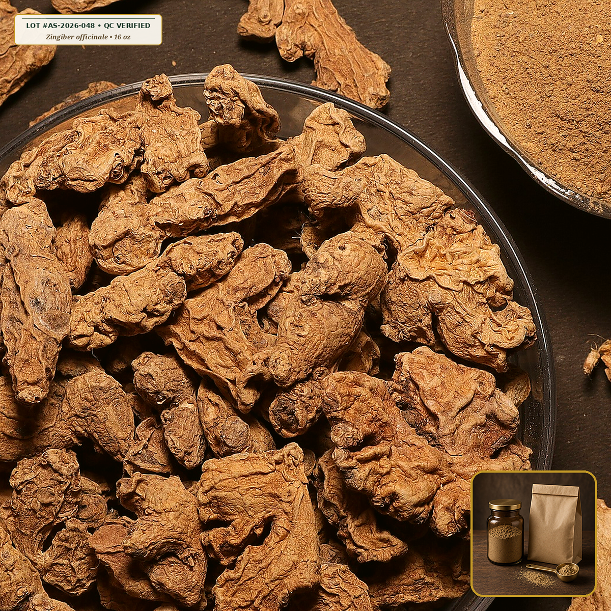 Organic Ginger Rhizome Fine Apothecary Powder (Zingiber officinale) — High-Pungency Rhizome Powder (16 oz (1 lb)) • Third-Party COA Verified Lot AS-2026-048 • Protocol: 1-3 g (1/2-1 tsp) at 60-80 C warm water (Whisk & rest 3-5 min, 1:80 (3 g / 240 mL)) • Apothecary Supply Dispensary (Est. St. Petersburg, FL)