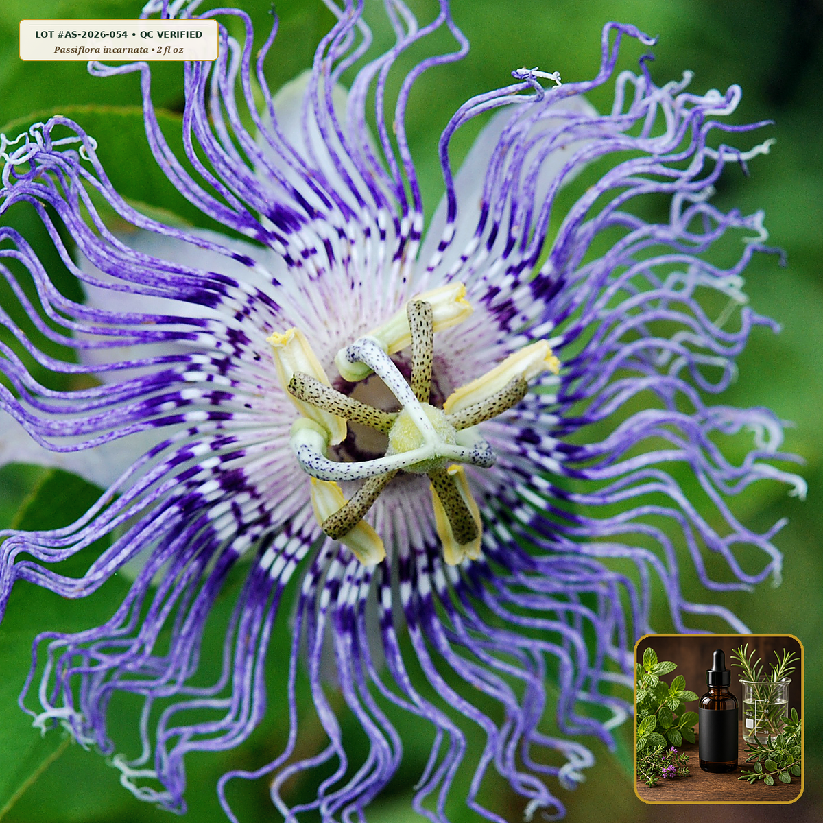 Organic Passionflower Aerial Liquid Extract (Passiflora incarnata) — 1:2 Fresh / 1:4 Dry Tincture (2 fl oz (60 mL)) • Third-Party COA Verified Lot AS-2026-054 • Protocol: 1 mL (30 drops) at Room-temp water (Dispense in 2-4 oz water, 1:2) • Apothecary Supply Dispensary (Est. St. Petersburg, FL)