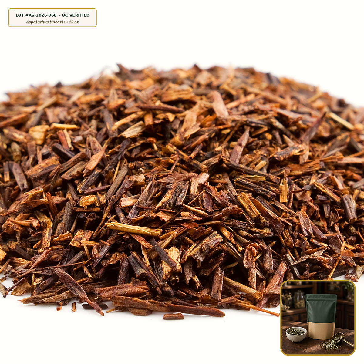 Organic Rooibos Red Bush Unblended Loose Tea (Aspalathus linearis) — Traditional Fermented Needle Cut (16 oz (1 lb)) • Third-Party COA Verified Lot AS-2026-068 • Protocol: 2-3 g (1-2 tsp) at 90-95 C water (Covered steep 10-15 min, 1:80 (3 g / 240 mL)) • Apothecary Supply Dispensary (Est. St. Petersburg, FL)