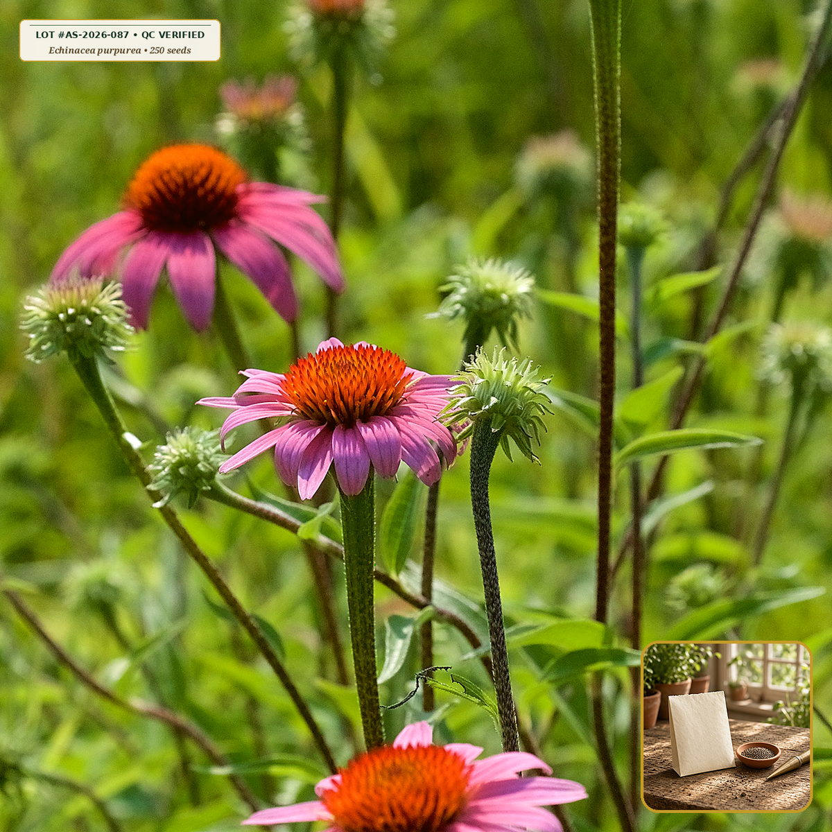 Organic Echinacea Purpurea Heirloom Seed Packet (Echinacea purpurea) — Open-Pollinated Seed Packet (250 seeds) • Third-Party COA Verified Lot AS-2026-087 • Protocol: 2-3 seeds / cell at Soil 18-24 C (Germinate 7-28 days, 1/4-inch sow depth) • Apothecary Supply Dispensary (Est. St. Petersburg, FL)
