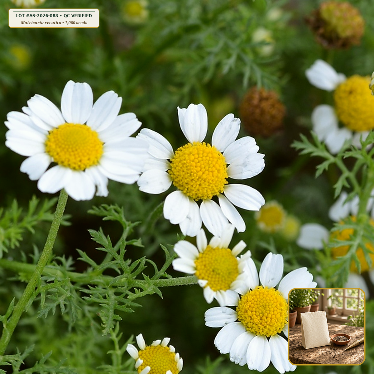 Organic German Chamomile Apothecary Seed Packet (Matricaria recutita) — Open-Pollinated Seed Packet (1,000 seeds) • Third-Party COA Verified Lot AS-2026-088 • Protocol: 2-3 seeds / cell at Soil 18-24 C (Germinate 7-28 days, 1/4-inch sow depth) • Apothecary Supply Dispensary (Est. St. Petersburg, FL)