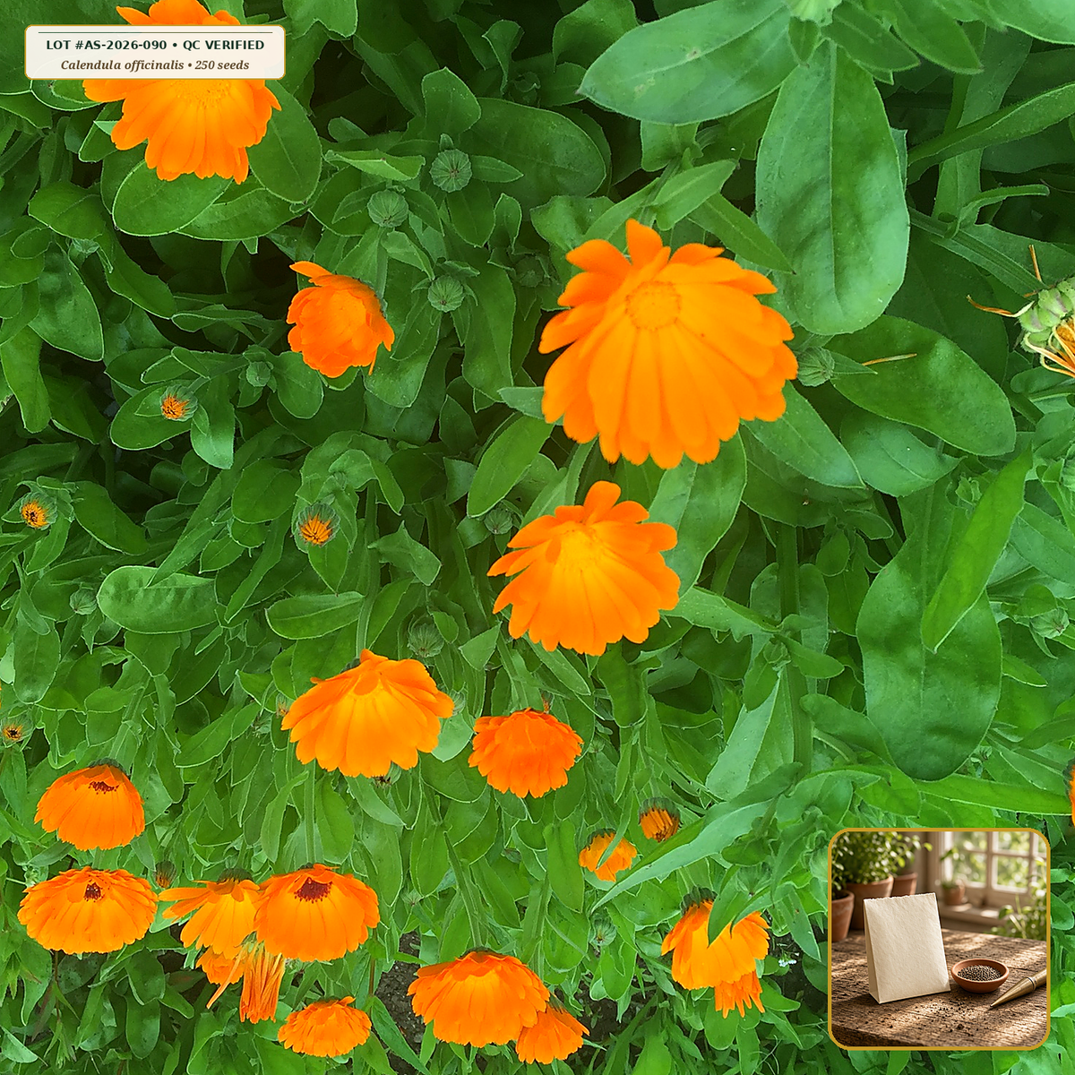Organic Calendula Resina High-Resin Seed Packet (Calendula officinalis) — Open-Pollinated Seed Packet (250 seeds) • Third-Party COA Verified Lot AS-2026-090 • Protocol: 2-3 seeds / cell at Soil 18-24 C (Germinate 7-28 days, 1/4-inch sow depth) • Apothecary Supply Dispensary (Est. St. Petersburg, FL)