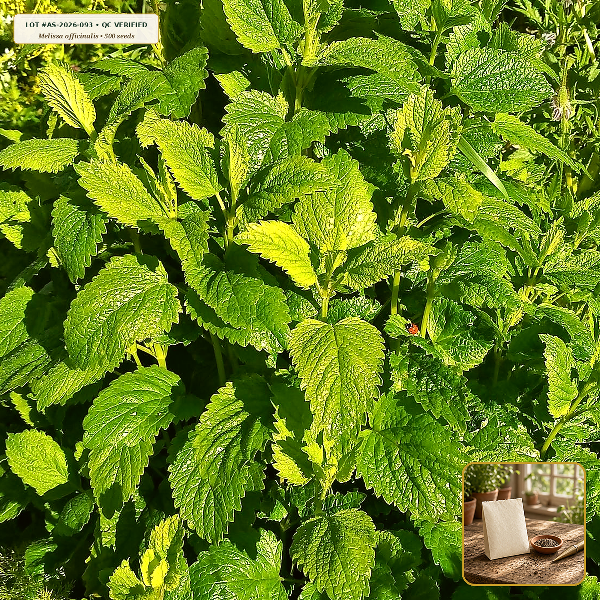 Organic Lemon Balm Heirloom Seed Packet (Melissa officinalis) — Open-Pollinated Seed Packet (500 seeds) • Third-Party COA Verified Lot AS-2026-093 • Protocol: 2-3 seeds / cell at Soil 18-24 C (Germinate 7-28 days, 1/4-inch sow depth) • Apothecary Supply Dispensary (Est. St. Petersburg, FL)