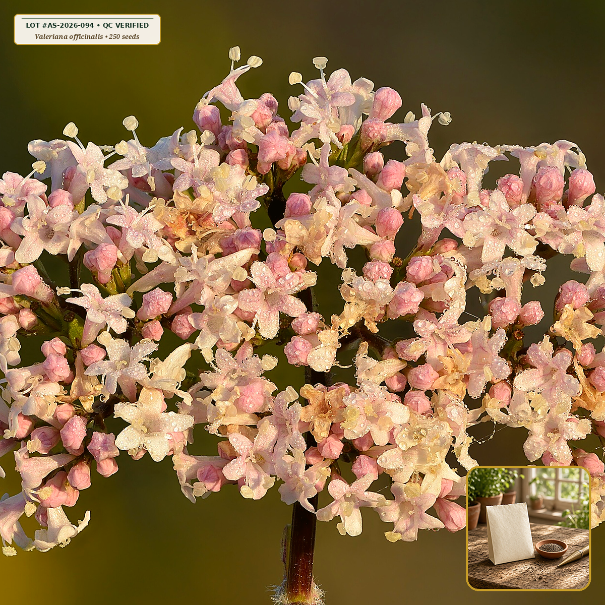 Organic Valerian Medicinal Root Seed Packet (Valeriana officinalis) — Open-Pollinated Seed Packet (250 seeds) • Third-Party COA Verified Lot AS-2026-094 • Protocol: 2-3 seeds / cell at Soil 18-24 C (Germinate 7-28 days, 1/4-inch sow depth) • Apothecary Supply Dispensary (Est. St. Petersburg, FL)