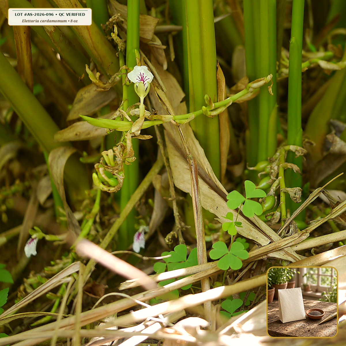 Organic Cardamom Decorticated Green Seed (Hulled) (Elettaria cardamomum) — Whole Decorticated Inner Seeds (8 oz) • Third-Party COA Verified Lot AS-2026-096 • Protocol: 2-3 seeds / cell at Soil 18-24 C (Germinate 7-28 days, 1/4-inch sow depth) • Apothecary Supply Dispensary (Est. St. Petersburg, FL)