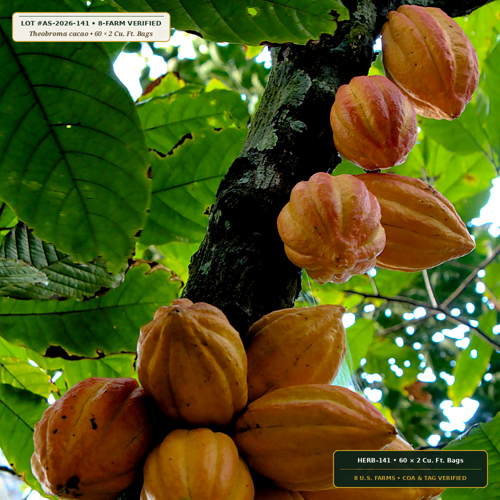 Organic Roasted Cocoa Shell Landscape Mulch Pallet (Theobroma cacao) — 60 × 2 Cu. Ft. Bags • Lot AS-2026-141 • 8-Farm Domestic Provenance • Apothecary Supply