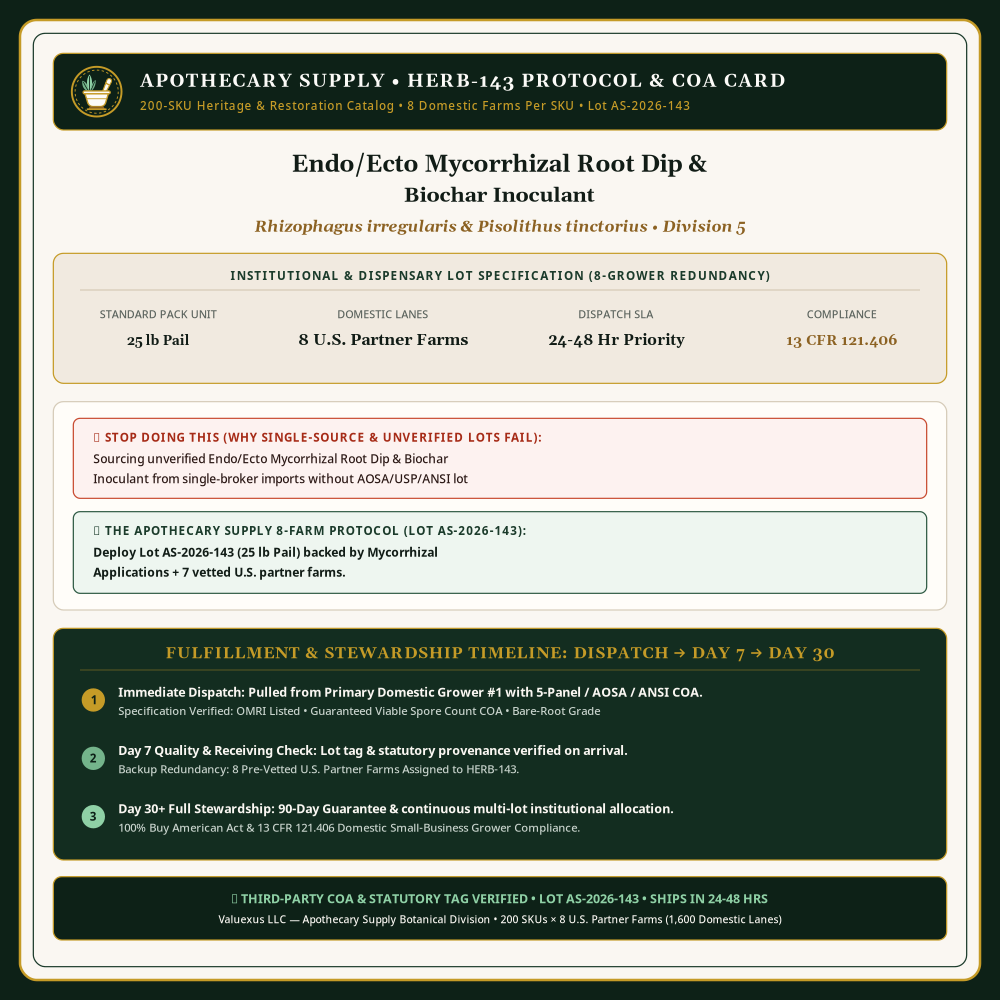 HERB-143 Protocol & COA Card — Endo/Ecto Mycorrhizal Root Dip & Biochar Inoculant (Rhizophagus irregularis & Pisolithus tinctorius) • Lot AS-2026-143 • Apothecary Supply