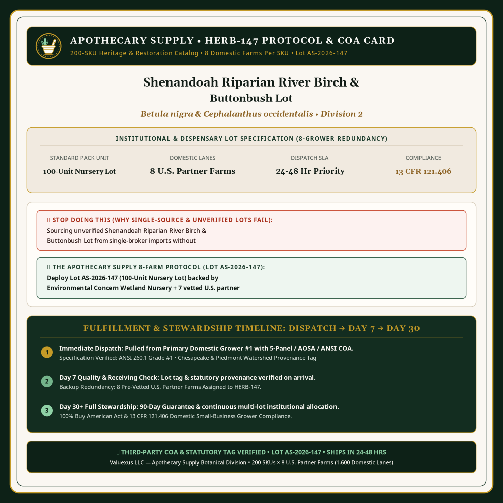 HERB-147 Protocol & COA Card — Shenandoah Riparian River Birch & Buttonbush Lot (Betula nigra & Cephalanthus occidentalis) • Lot AS-2026-147 • Apothecary Supply