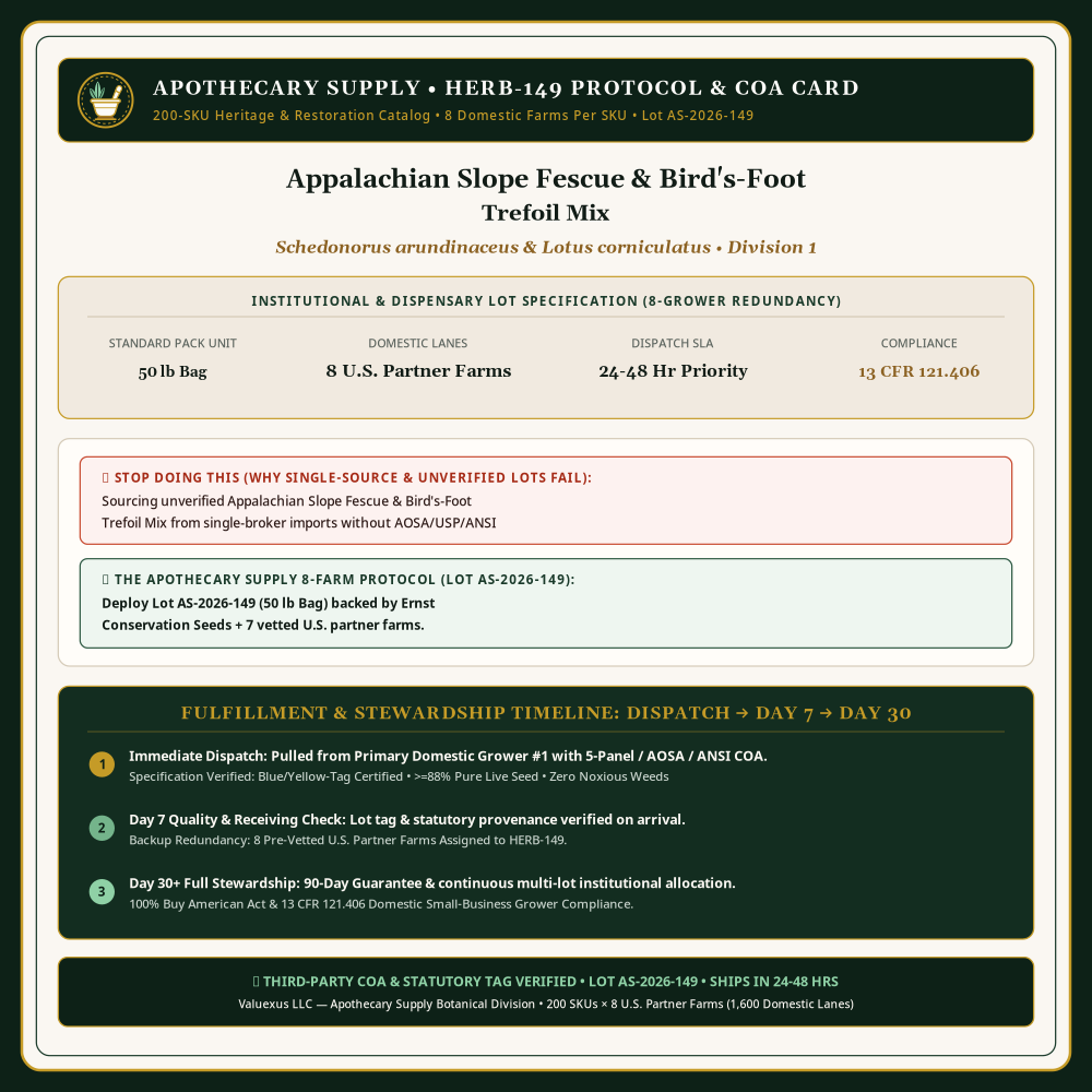 HERB-149 Protocol & COA Card — Appalachian Slope Fescue & Bird's-Foot Trefoil Mix (Schedonorus arundinaceus & Lotus corniculatus) • Lot AS-2026-149 • Apothecary Supply